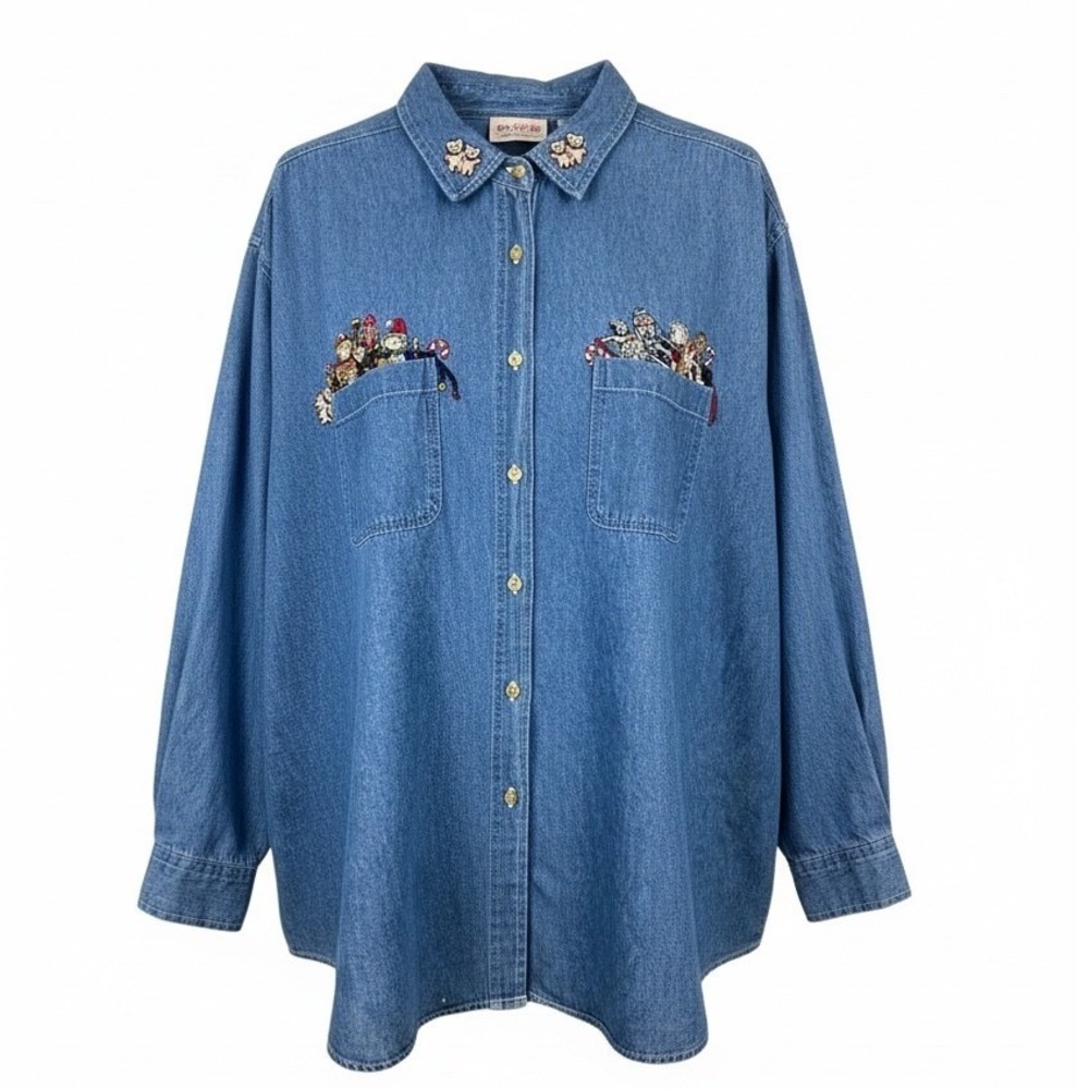 Faded Glory Vintage Christmas Denim Button Down Shirt Plus Size 22W/24W Blue